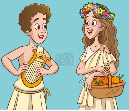 Illustrazione per Uomini e donne greci con arpa e cesto di frutta. Illustrazione vettoriale - Immagini Royalty Free