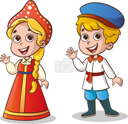 Ilustración de Ilustración vectorial de un niño y una niña vestidos con ropa tradicional rusa - Imagen libre de derechos