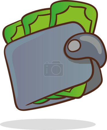 Ilustración de Billetera de dibujos animados con billetes de dólar. Efectivo en el bolso. Concepto de ahorro. Inversión financiera empresarial. Pago en línea y reembolso. Ilustración vectorial - Imagen libre de derechos