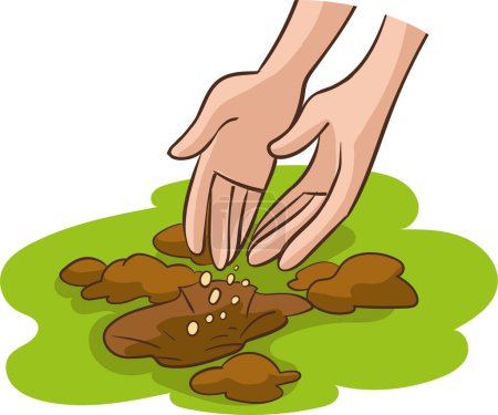 Illustration for Human hand throwing plant seeds. The concept of gardening and sowing. Vector isolated cartoon illustration. - Royalty Free Image