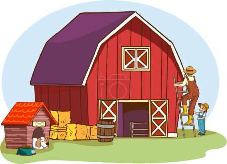 Téléchargez les illustrations : Paysage rural avec une famille heureuse travaillant à la ferme. Fond du village avec jeune illustration people.vector joyeux - en licence libre de droit