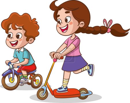 Ilustración de Ilustración vectorial de los niños lindos montar en bicicleta y scooter - Imagen libre de derechos