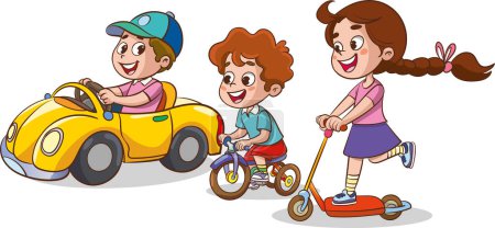 Ilustración de Ilustración vectorial de los niños lindos montar en bicicleta y scooter - Imagen libre de derechos