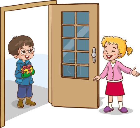 Illustration for Vector illustration of girl welcoming her friend at the door - Royalty Free Image