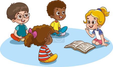 Illustration for Kids playing with educational games in kindergarten room. Kids talking together in kindergarden. Poster with the place for your text. Playroom with children. - Royalty Free Image