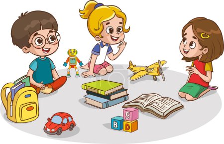 Illustration for Kids playing with educational games in kindergarten room. Kids talking together in kindergarden. Poster with the place for your text. Playroom with children. - Royalty Free Image