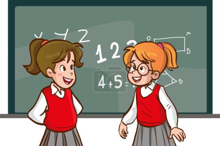 Ilustración de Ilustración vectorial de niños alegres diversos en uniforme escolar hablando - Imagen libre de derechos