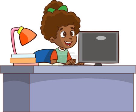 Illustration for Vector illustration of girl doing research on computer at desk - Royalty Free Image