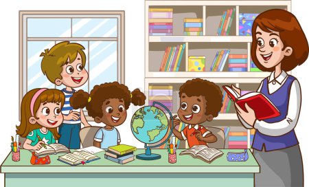 Illustration for Vector illustration of little cute multicultural students and their teacher teaching together - Royalty Free Image