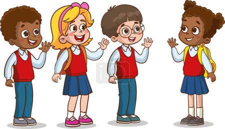 Téléchargez les illustrations : Illustration vectorielle du petit enfant dire bonjour à un ami et aller à l'école ensemble - en licence libre de droit
