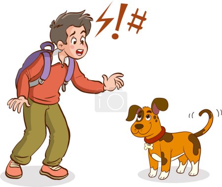 vector illustration of kid afraid of dog