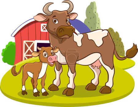 Illustration for Vector illustration of farm animals mother cow and baby cow - Royalty Free Image
