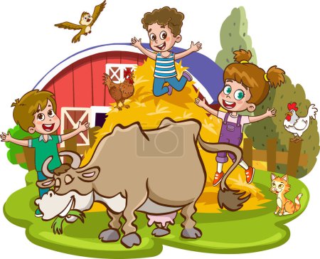 Illustration for Vector illustration of farm animals and kids - Royalty Free Image