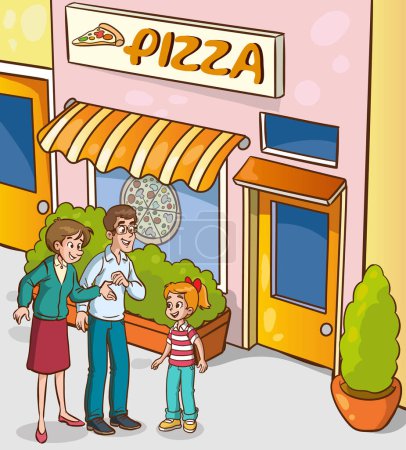 Téléchargez les illustrations : Illustration vectorielle de famille mignonne heureuse sortant manger de la pizza - en licence libre de droit