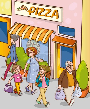 Téléchargez les illustrations : Illustration vectorielle de famille mignonne heureuse sortant manger de la pizza - en licence libre de droit