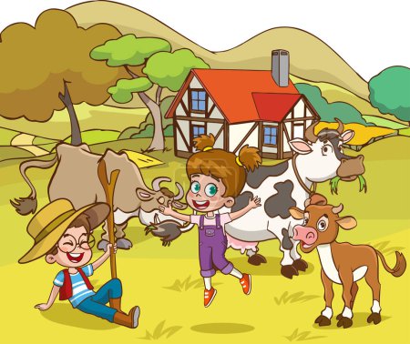 Illustration for Vector illustration of farm animals and kids - Royalty Free Image