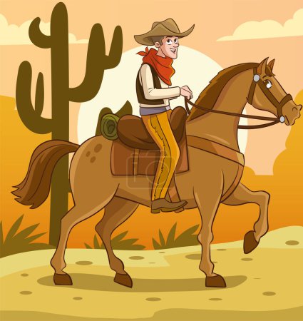Ilustración de Vaquero montando un caballo en el desierto. Ilustración vectorial en estilo de dibujos animados - Imagen libre de derechos