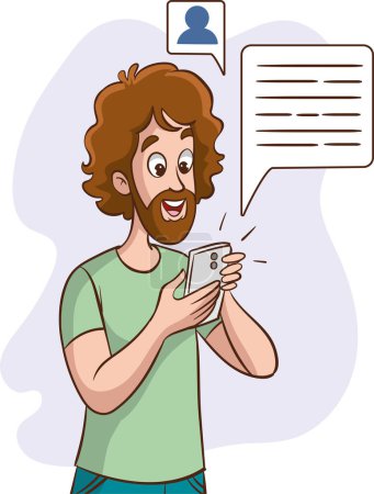 Illustration for Happy young man use modern cellphone texting online. Smiling guy look at smartphone screen sending email or message on internet. Vector illustration. - Royalty Free Image