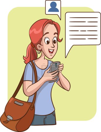 Illustration for Young woman communicating with mobile phone. Vector illustration with speech bubbles. - Royalty Free Image