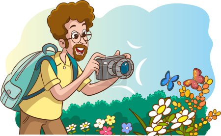 Ilustración de Vector Ilustración de un hombre tomando una foto de flores con una cámara - Imagen libre de derechos