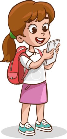 Téléchargez les illustrations : Illustration d'une petite fille portant un sac d'école à l'aide d'un téléphone intelligent - en licence libre de droit