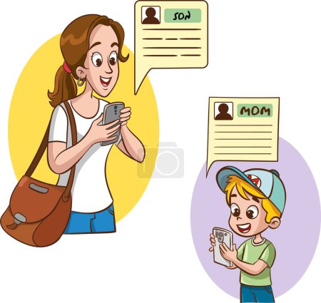 Téléchargez les illustrations : Mère et fils avec téléphone portable. Illustration vectorielle dans le style dessin animé. - en licence libre de droit
