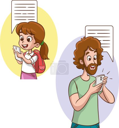 Ilustración de Padre e hija enviando mensajes de texto en el teléfono celular. Ilustración vectorial en estilo de dibujos animados. - Imagen libre de derechos