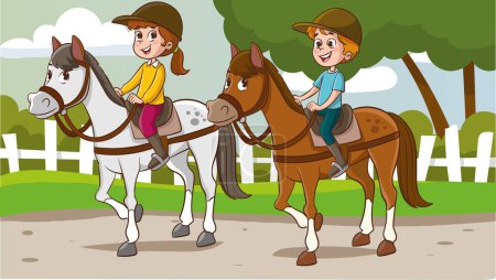 Ilustración de Cabalgando niños en el parque. Dibujos animados vector ilustración. - Imagen libre de derechos