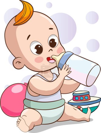 Illustration for Vector illustration of cute happy baby holding baby milk bottle - Royalty Free Image