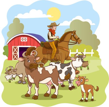 Téléchargez les illustrations : Cowboy et animaux de ferme. Illustration vectorielle d'un style de dessin animé. - en licence libre de droit