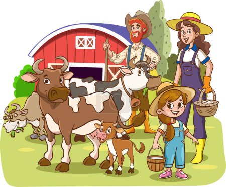 Téléchargez les illustrations : Illustration d'une famille de personnages agricoles et de leurs bovins dans une ferme - en licence libre de droit