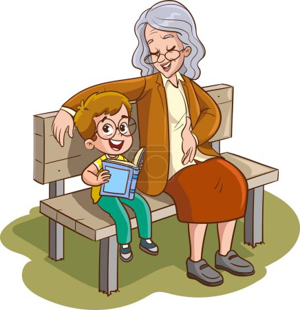 Ilustración de Niños leyendo un libro sentado en el banco con su abuela - Imagen libre de derechos