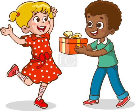 Téléchargez les illustrations : Illustration de bande dessinée d'enfant fille et garçon avec des boîtes-cadeaux - en licence libre de droit