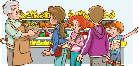 Illustration for Cartoon illustration of a family shopping in a supermarket or grocery store - Royalty Free Image