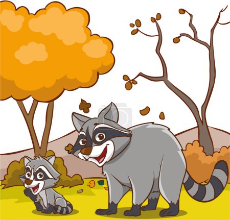 Ilustración de Familia de mapaches en el bosque. Ilustración vectorial. - Imagen libre de derechos