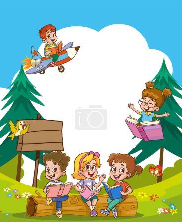 Ilustración de Diseño de plantilla de frontera con niños leyendo libros en el parque vector de ilustración. - Imagen libre de derechos