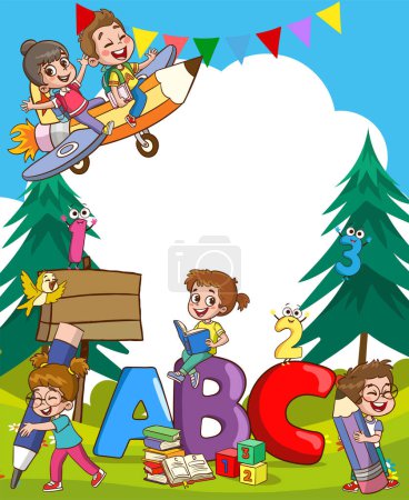Illustration for Border template design with kids reading books in the park illustration vector. - Royalty Free Image