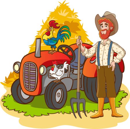 Illustration of a Farmer with a Chicken and a Tractor.