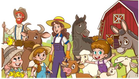 Ilustración de Ilustración de un grupo de niños de granja y sus personajes de animales de granja - Imagen libre de derechos