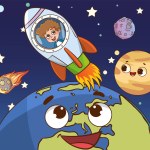 Astronaut kids on the planet. Vector illustration of a cartoon