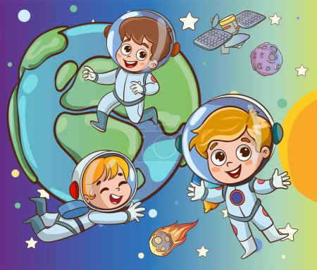 Téléchargez les illustrations : Des enfants astronautes sur la planète. Illustration vectorielle d'un dessin animé - en licence libre de droit