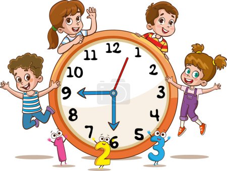 Téléchargez les illustrations : Enseigner le concept de time.Cute enfants modèle d'horloge illustration.Petits enfants tenant une horloge.Enfants avec horloge. Illustration vectorielle d'un garçon et d'une fille avec horloges. - en licence libre de droit