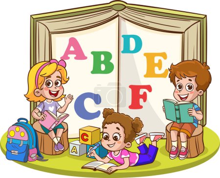 Ilustración de Ilustración vectorial de niños lindo libro reading.kids disfrutando de la lectura, personajes coloridos vector Ilustración - Imagen libre de derechos