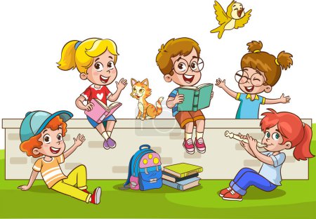 Téléchargez les illustrations : Petits écoliers lisant des livres et s'amusant dans le jardin - en licence libre de droit