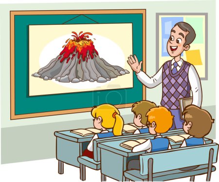 Illustration for The teacher explains the structure of the volcano to the students in the classroom - Royalty Free Image