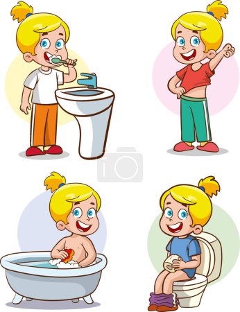 Ilustración de Niños lavándose la cara, lavándose las manos, cepillándose los dientes, bañándose, lavándose las manos después del inodoro.vector ilustración de la rutina del baño de un niño - Imagen libre de derechos