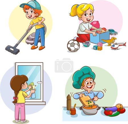 Illustration for Cartoon kids doing housework, kids helping with housework. Boys and girls sweep, dust, wash dishes, mop the floor. cooking, washing laundry. - Royalty Free Image