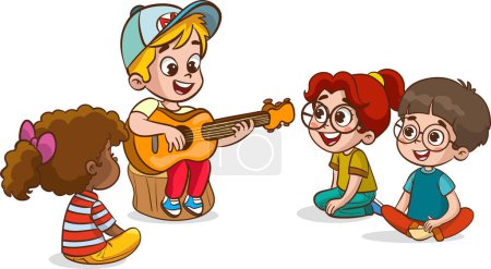Illustration for Vector illustration of boy playing guitar to his friends - Royalty Free Image