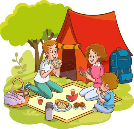 Ilustración de Ilustración vectorial de picnic familiar y camping y pesca - Imagen libre de derechos
