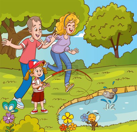 Illustration for Vector illustration of family picnic and camping and fishing - Royalty Free Image